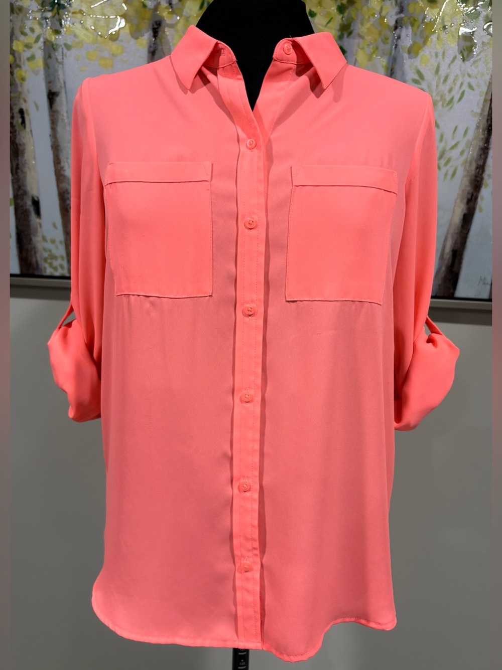 Apt. 9 Neon Peach Button-Up Blouse with Roll-tab Sleeves